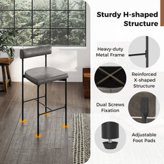 Set of 2 Bolster Back Counter Stools in Grey Faux Leather with Metal Frame, 26 Inch Seat