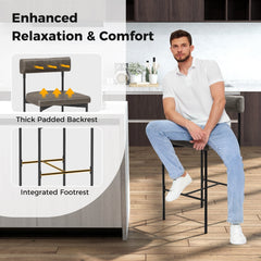 Set of 2 Bolster Back Counter Stools in Grey Faux Leather with Metal Frame, 26 Inch Seat