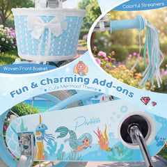 20 Inch Girls Bike with Basket and Streamers, Mermaid Theme, Light Blue