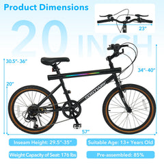 20 Inch LED Lit Cycling Bike with Speakers and Shimano 6 Speed, Black