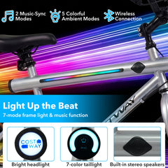20 Inch LED Lit Cycling Bike with Speakers and Shimano 6 Speed, Silver