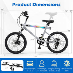 20 Inch LED Lit Commuter Bicycle with Disc Brakes and Stereo Speakers, Silver