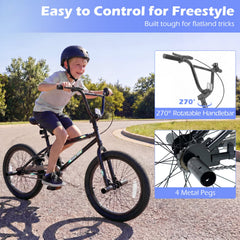 20 Inch Trick Bicycle with 270 Degree Handlebar and 4 Pegs, Black