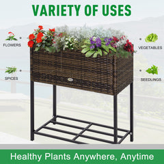 Rattan Raised Garden Boxes, Elevated Flower Beds with Storage Shelf for Herbs, Flowers, Vegetables, Brown