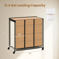 21.4 Gal Laundry Hamper with Lid 3-Section with 2 Lockable Wheels-Natural