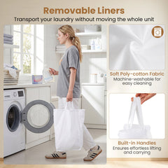 21.4 Gal Laundry Hamper with Lid 3-Section with 2 Lockable Wheels-Natural