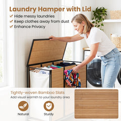 21.4 Gal Laundry Hamper with Lid 3-Section with 2 Lockable Wheels-Natural
