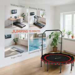 48" Foldable Rebounder Trampoline, Mini Trampoline Indoor with Adjustable Handle, Quiet and Safe Bungee Rebounder