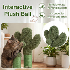 22 Inch Cactus Cat Scratching Post with Natural Sisal Rope and Dangling Ball, Green