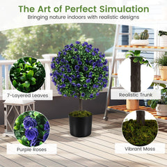 22 Inch Set of 2 Artificial Purple Rose Topiary Ball Trees with Cement-Filled Pot-Purple