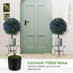22 Inch Set of 2 Artificial Purple Rose Topiary Ball Trees with Cement-Filled Pot-Purple
