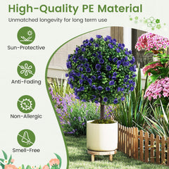 22 Inch Set of 2 Artificial Purple Rose Topiary Ball Trees with Cement-Filled Pot-Purple
