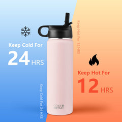 22 Oz Double-walled Insulated Stainless Steel Water Bottle with 2 Lids and Straw-Pink