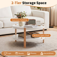 23.5 inches 2-Tier Round Coffee Table with Solid Wood Legs and Open Storage Shelf-White