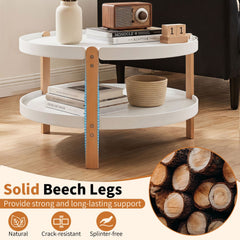 23.5 inches 2-Tier Round Coffee Table with Solid Wood Legs and Open Storage Shelf-White