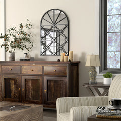 23 Inches x 34 Inches Arched Window Pane Mirror with Metal Frame for Living Room-Black