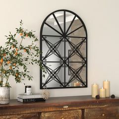 23 Inches x 34 Inches Arched Window Pane Mirror with Metal Frame for Living Room-Black