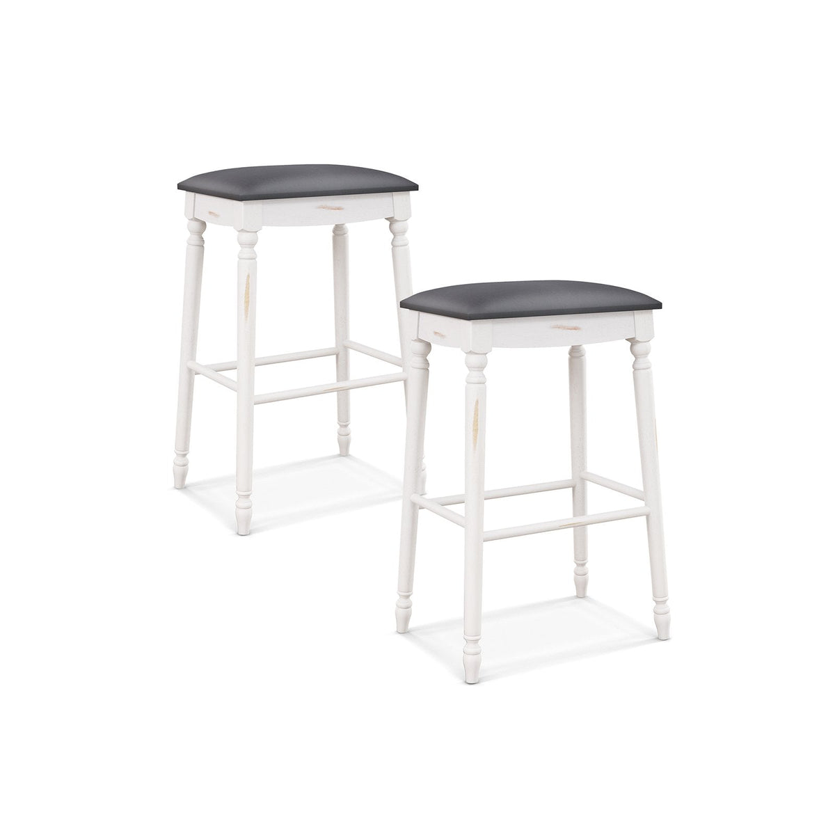 Set of 2 Backless Bar Stools with Antique White Turned Legs, 29 Inch Seat Height, Padded Top