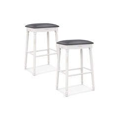 Set of 2 Backless Bar Stools with Antique White Turned Legs, 29 Inch Seat Height, Padded Top