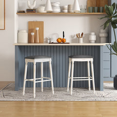 Set of 2 Backless Bar Stools with Antique White Turned Legs, 29 Inch Seat Height, Padded Top