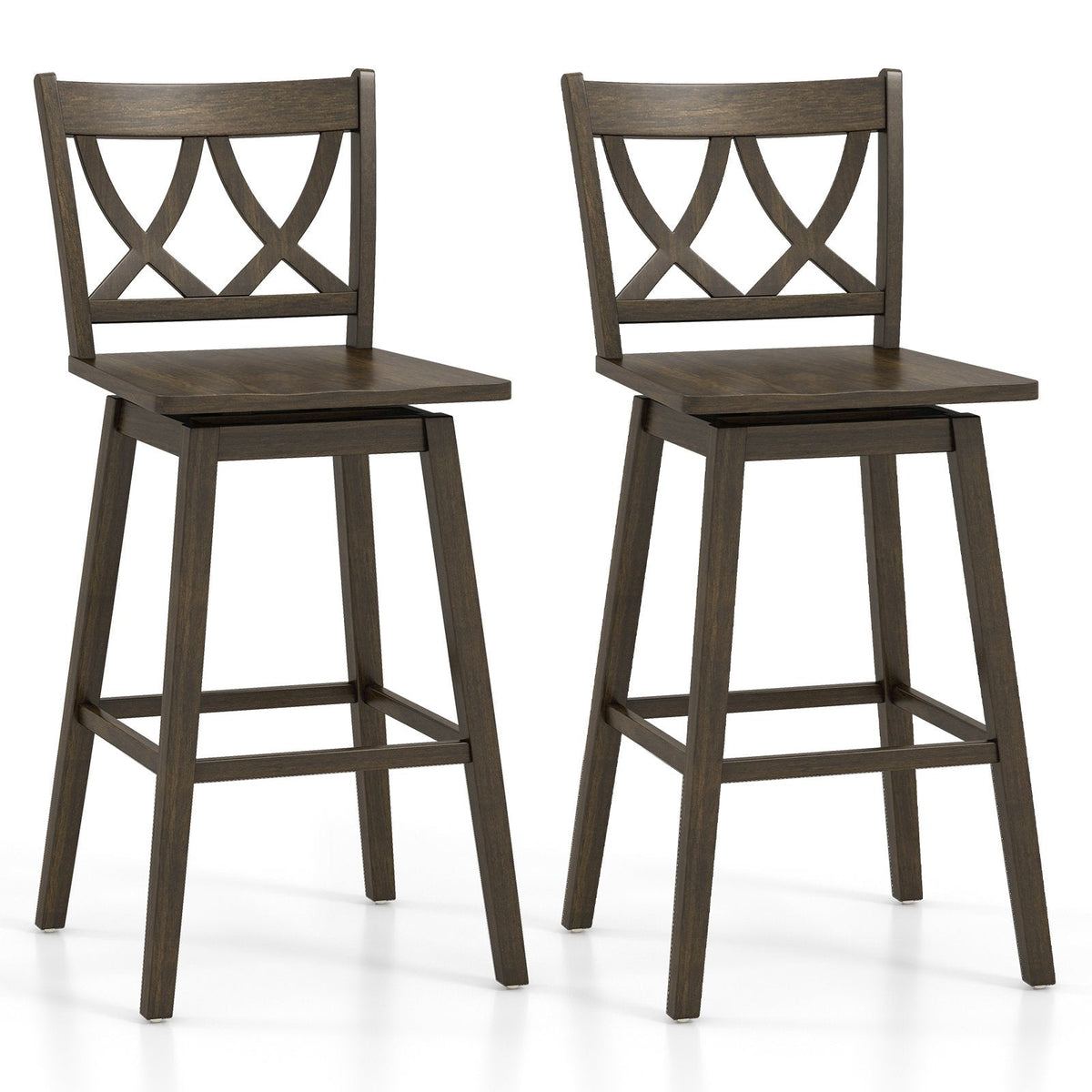 Set of 2 Swivel Bar Stools with Open Back and Rubber Wood Frame, 29 Inch Seat Height