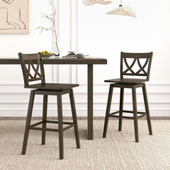 Set of 2 Swivel Bar Stools with Open Back and Rubber Wood Frame, 29 Inch Seat Height