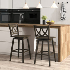 Set of 2 Swivel Bar Stools with Open Back and Rubber Wood Frame, 29 Inch Seat Height