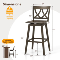 Set of 2 Swivel Bar Stools with Open Back and Rubber Wood Frame, 29 Inch Seat Height