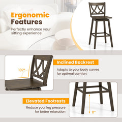 Set of 2 Swivel Bar Stools with Open Back and Rubber Wood Frame, 29 Inch Seat Height