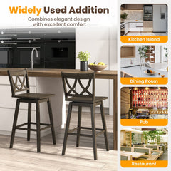 Set of 2 Swivel Bar Stools with Open Back and Rubber Wood Frame, 29 Inch Seat Height