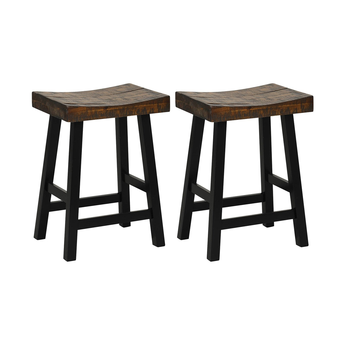 Set of 2 Acacia Wood Saddle Counter Stools with Black Metal Legs, 24 Inch Seat Height