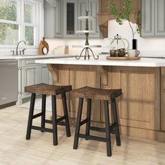 Set of 2 Acacia Wood Saddle Counter Stools with Black Metal Legs, 24 Inch Seat Height