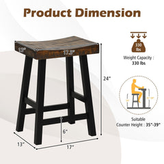 Set of 2 Acacia Wood Saddle Counter Stools with Black Metal Legs, 24 Inch Seat Height