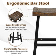 Set of 2 Acacia Wood Saddle Counter Stools with Black Metal Legs, 24 Inch Seat Height