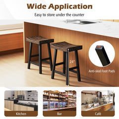 Set of 2 Acacia Wood Saddle Counter Stools with Black Metal Legs, 24 Inch Seat Height