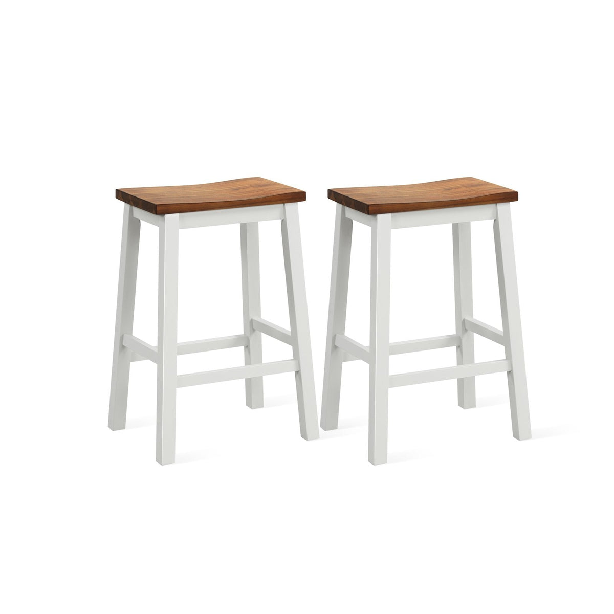 Set of 2 Acacia Saddle Counter Stools with Painted Legs, 24.5 Inch Seat Height, 350 lb