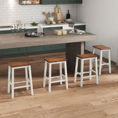 Set of 4 Acacia Saddle Counter Stools with Painted Legs, 24.5 Inch Seat Height, 350 lb Each