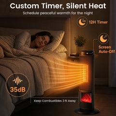 24 inch 1500W PTC Ceramic Tower Space Heater with 7-Color Flame-Black