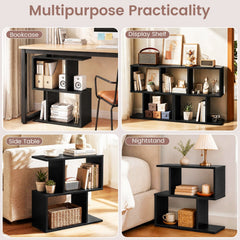 S Shape Geometric Bookshelf, 3 Tier Open Display Shelf, Black