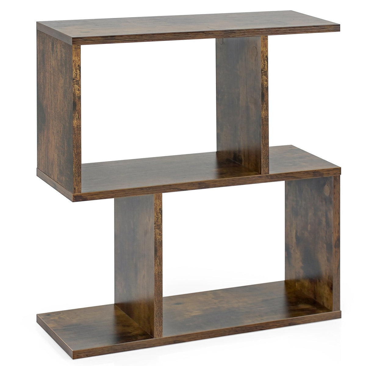 S Shape Geometric Bookshelf, 3 Tier Open Display Shelf, Rustic Brown