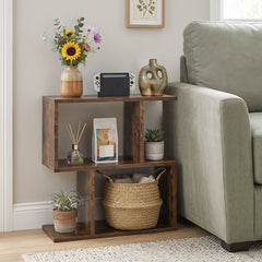 S Shape Geometric Bookshelf, 3 Tier Open Display Shelf, Rustic Brown