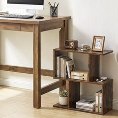 S Shape Geometric Bookshelf, 3 Tier Open Display Shelf, Rustic Brown