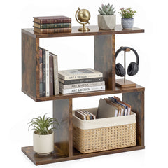 S Shape Geometric Bookshelf, 3 Tier Open Display Shelf, Rustic Brown
