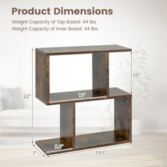 S Shape Geometric Bookshelf, 3 Tier Open Display Shelf, Rustic Brown