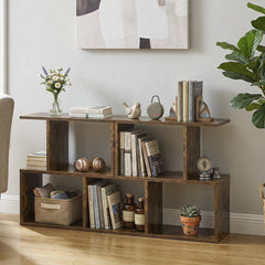 S Shape Geometric Bookshelf, 3 Tier Open Display Shelf, Rustic Brown