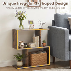 S Shape Geometric Bookshelf, 3 Tier Open Display Shelf, Rustic Brown