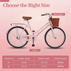 24 Inch Beach Cruiser Bike with Woven Basket and Rear Rack, Pink