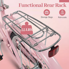 24 Inch Beach Cruiser Bike with Woven Basket and Rear Rack, Pink