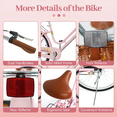 24 Inch Beach Cruiser Bike with Woven Basket and Rear Rack, Pink