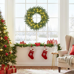 24 Inch Pre-lit Christmas Wreath with 108 Branch Tips and 35 Warm White LED Lights for Wall Window-2 piece